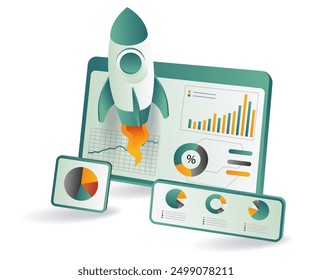 Rocket launching into sky with financial graphs and charts in background