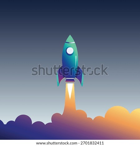 Rocket launching into sky, vibrant smoke plume, business startup