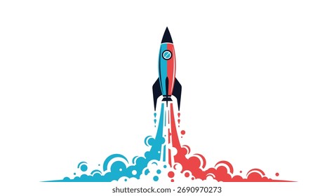 Um foguete lançando-se no espaço com trilhas coloridas para fumaça.