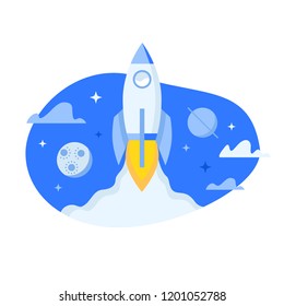 Rocket launching into space. Flat design vector illustration isolated on white background