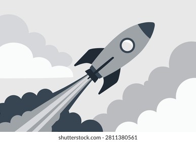 Rocket launching into space with large clouds of smoke, representing technology, innovation, startup success, and ambitious exploration.