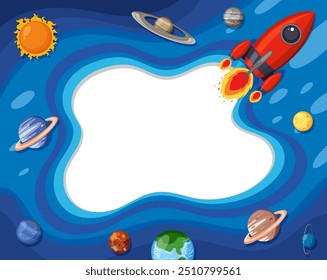 Rocket launching into space with planets around