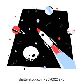 Rocket Launching Into Space With Planets And Stars In Flat Vector Illustration Symbolizing Exploration, Innovation, And Discovery, Isolated On White Background