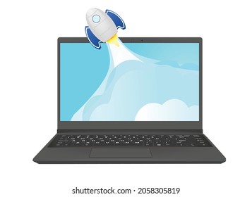 Rocket launching from lap top. vector