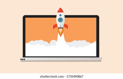 Rocket launching from laptop flat design,Startup business concept vector illustration. 