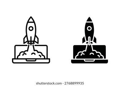 Rocket Launching from Laptop Icon for Startup and Digital Growth Concepts