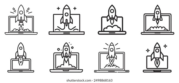 Rocket launching and Laptop icon vector business illustration design.