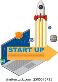 Rocket launching from laptop with planets and stars