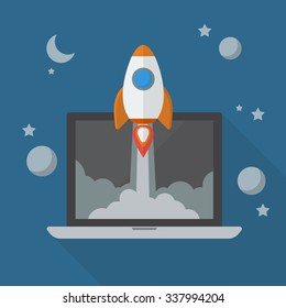 Rocket launching from laptop. Project start up.