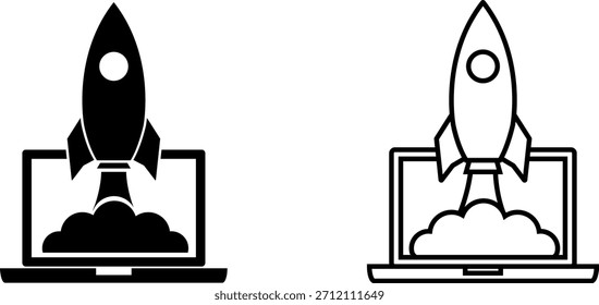 Lanzamiento del cohete desde la pantalla del ordenador portátil en estilo de logotipo en blanco y negro para temas de tecnología e innovación