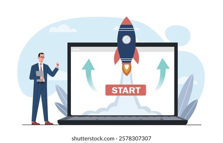 Rocket launching from laptop screen with Start button, two professionals standing nearby, on a white background. Concept of startup and innovation. Vector illustration