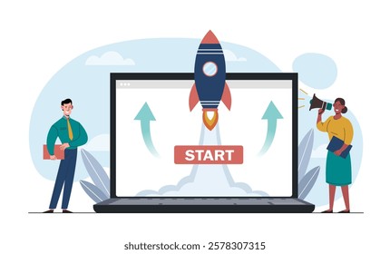 Rocket launching from laptop screen with Start button, two professionals standing nearby, on a white background. Concept of startup and innovation. Vector illustration