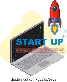 Raketenstart vom Laptop-Bildschirm, Symbol für den Start