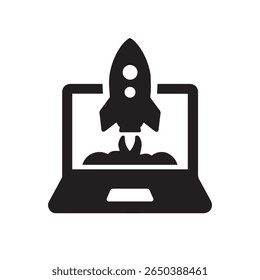 Rocket launching from laptop screen symbolizing startup success and innovation silhouette