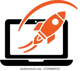 Lanzamiento de un cohete desde la pantalla de un portátil que simboliza el inicio de la tecnología y la innovación