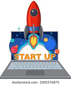 Raketenstart vom Laptop mit 'Start Up' Text