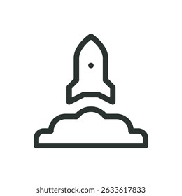 Rocket launching line icon, cosmodrome launch pad vector symbol with editable stroke