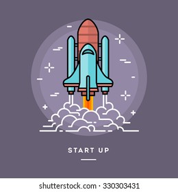Rocket launching as a metaphor for start up business, line flat design banner, vector illustration