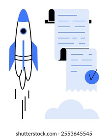 Rocket launching next to a long checklist and cloud. Ideal for startup planning, productivity, goal setting, organization, and innovation themes. Simple and modern style