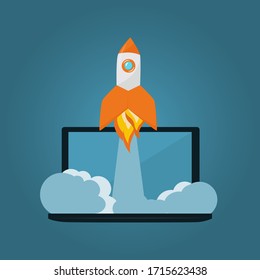 Rocket launching from notebook. Vector illustration concept of business product on a market.