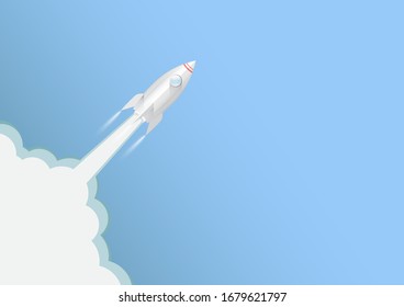 Rocket launching on blue sky background, business innovation startup concept vector illustration
