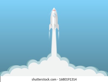 Rocket launching on blue sky background, business innovation startup concept vector illustration