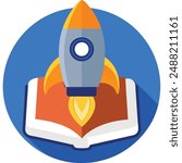 Rocket Launching On Book Cartoon Vector Kawaii Icon Illustration. Business Technology Icon Concept Isolated Premium Vector. Flat Cartoon Style
