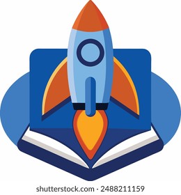 Rocket Launching On Book Cartoon Vector Kawaii Icon Illustration. Business Technology Icon Concept Isolated Premium Vector. Flat Cartoon Style