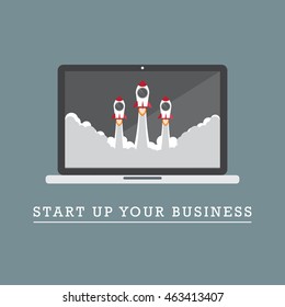 Rocket launching on Laptop, start up business concept vector design