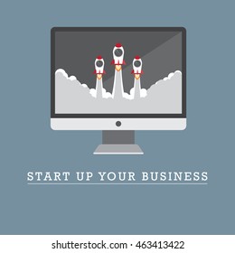 Rocket launching on PC start up business concept vector design