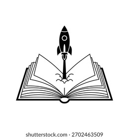 Lançamento de foguete de livro aberto simbolizando conhecimento e progresso silhueta vetor 