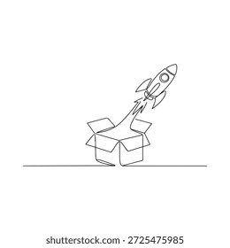 Um foguete lançado de uma caixa de papelão aberta desenho de linha contínua