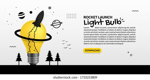 Rocket launching out from light bulb on white background, business start up concept