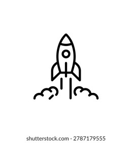 Rocket launching outline icon for startup and growth with blastoff progress technology innovation