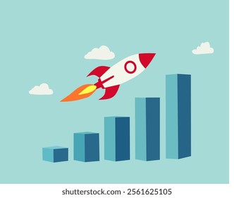 Rocket launching over a bar chart, symbolizing business growth and success, with a light blue background and scattered white clouds. Perfect for startups