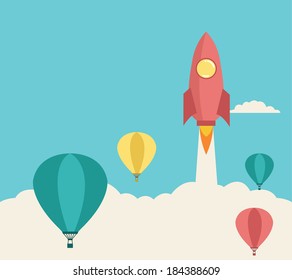 rocket launching over the hot air balloons. Business competition concept.  Vector