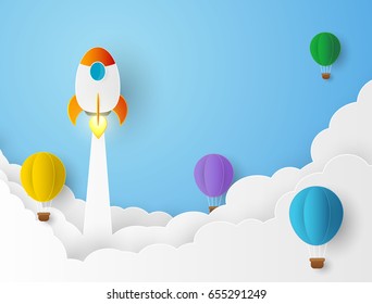 Rocket launching over the hot air balloons. competition concept background papercut modern design of Startup project concept. Business flat design vector.