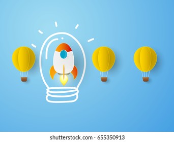 Rocket launching over the hot air balloons. competition concept background papercut modern design of Startup project concept. Business flat design vector.