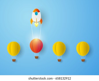 Rocket launching over the hot air balloons. competition concept background papercut modern design of Startup project concept. Business flat design vector.