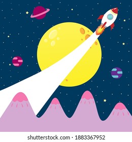 el lanzamiento de cohetes pasa la luna al aire. Cohetes que viajan en sistema solar por encima del vector de dibujos animados de montaña.