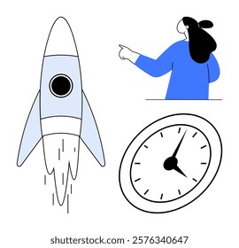 Rocket launching, person pointing, and analog clock. Ideal for technology motivation time management innovation education. Simple design with minimalistic style and primary colors of blue and black