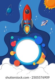 Rocket launching with planets and stars background