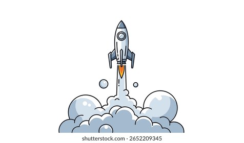 Rocket Launching with Plumes of Smoke and Bubbles Symbolizing Space Exploration and Advancements