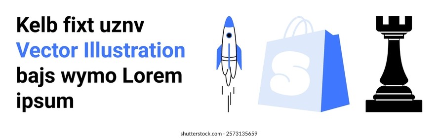 Rocket launching represents progress, shopping bag implies e-commerce, and chess piece signifies strategy. Ideal for business growth startups e-commerce strategy marketing materials. Landing page