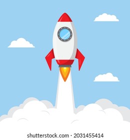 Rocket launching in the sky with clouds vector background.