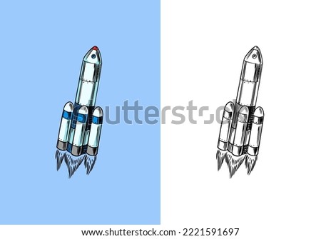 Rocket launching to the sky. Space shuttle takes off. Astronomical astronaut exploration. Engraved hand drawn in old sketch, vintage style for label, startup business or T-shirt. flying ship.
