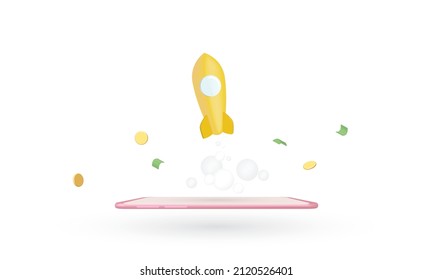 Rocket launching from smartphone with dollar coin, 3d render illustration
