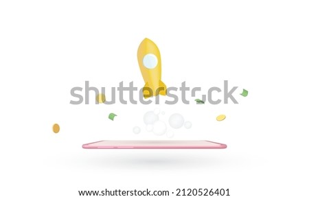 Rocket launching from smartphone with dollar coin, 3d render illustration