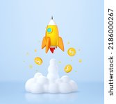 Rocket launching with smoke and dollar flying coins. Business start-up concept. Vector 3d illustration