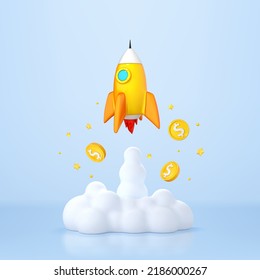 Rocket launching with smoke and dollar flying coins. Business start-up concept. Vector 3d illustration